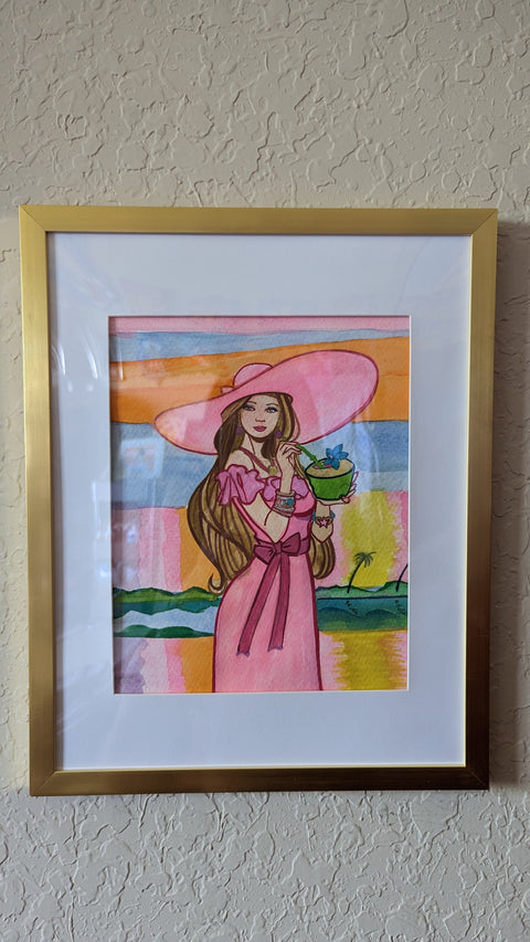 Watercolor Painting Maiden Dominique Light Pink Mythic Art Florida Sunset Original Framed -  - Sharon Tatem LLC.