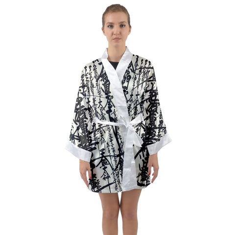 Satin Kimono Oriental Design Kimono Black And White Long Sleeve Kimono Long Sleeve - bathrobes - Sharon Tatem LLC.