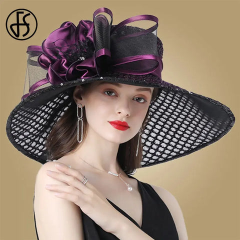 Easter Hat Sunday Church Hat Purple Derby Fascinator Hats Wedding Kentucky Hats For Women Ladies Flower Hats Large Wide Brim Fedora Organza Church Hat - Hats - Sharon Tatem LLC.