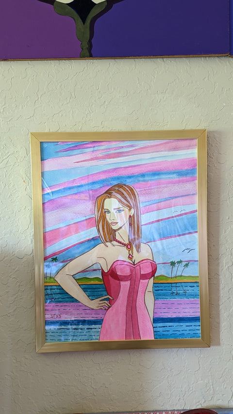 Watercolor Painting Maiden Adira Florida Sunset Original Framed  -  - Sharon Tatem LLC.