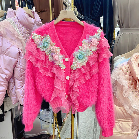 Sweater Top Pink White Autumn Winter Diamonds Beaded Lace Ruffles Mohair Sweater Flowers Embroidery Mink Cashmere Fur Knitted Cardigan V-neck Jacket - Sweater Top Pink White Autumn Winter Diamonds Beaded Lace Ruffles Mohair Sweater Flowers Embroidery Mink Cashmere Fur Knitted Cardigan V-neck Jacket - Sharon Tatem LLC.