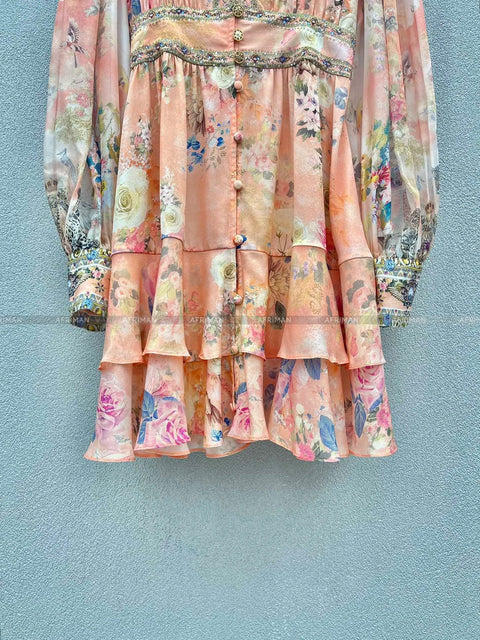 High End Designer Jeweled Silk Dress Silk Women V Neck Crystal Beaded Pink Flower Print Elastic Waist Multi-layer Mini Silk Dress - Dresses - Sharon Tatem LLC.