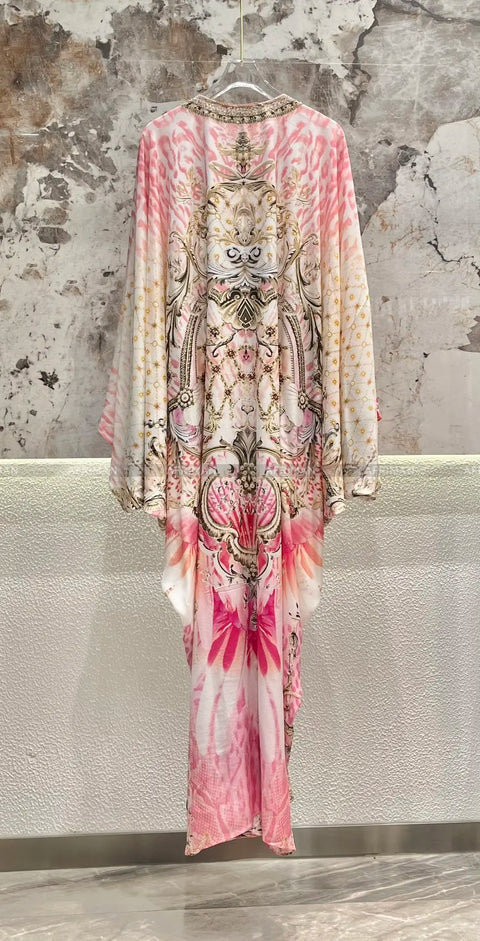 Exquisite designer dress Women New V Neck Crystal Beaded Flare Sleeve Pink Flower Print High Waist Silk Loose Long Dress - Dresses - Sharon Tatem LLC.