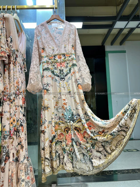 Women V Neck Lace Embroidery Patchwork Silk Floral Print Lantern Sleeve A-line Maxi Long Dress -  - Sharon Tatem LLC.