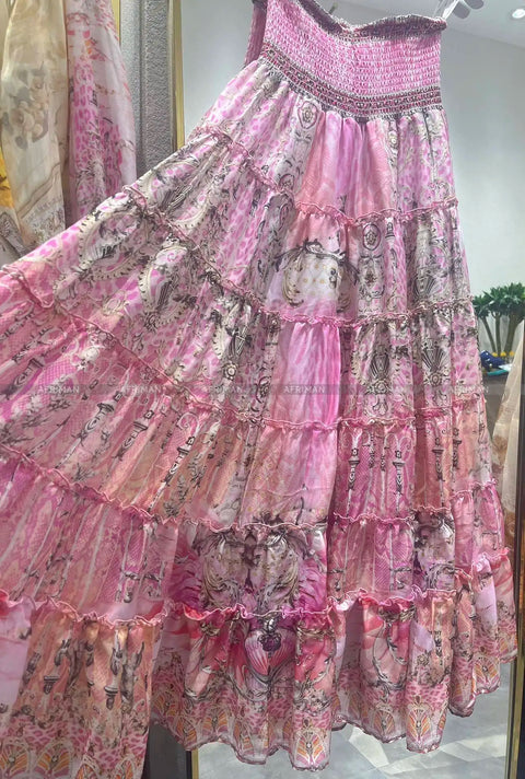 Designer Jeweled Silk Dress Silk Women V Neck Crystal Beaded Pink Flower Print Elastic Waist Multi-layer Mini Silk Dress Women New V Neck Crystal Beaded Retro Print Long Sleeve Loose Silk Blouse+ Elastic High Waist Maxi Long Silk Skirt Set - Dresses - Sharon Tatem LLC.