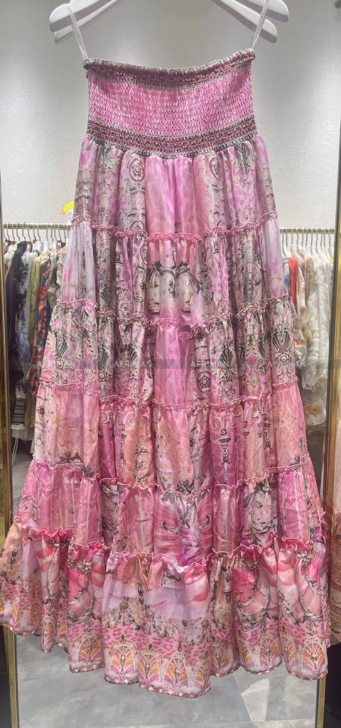 Designer Jeweled Silk Dress Silk Women V Neck Crystal Beaded Pink Flower Print Elastic Waist Multi-layer Mini Silk Dress Women New V Neck Crystal Beaded Retro Print Long Sleeve Loose Silk Blouse+ Elastic High Waist Maxi Long Silk Skirt Set - Dresses - Sharon Tatem LLC.