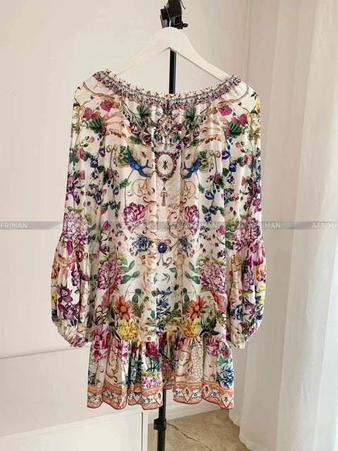 Women Retro Slash Collar Crystal Beaded Floral Print Flare Sleeve 100% Silk Loose A-line Dress - Dresses - Sharon Tatem LLC.