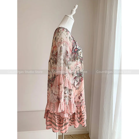 Jeweled Designer Dress Crystals Australian niche off the shoulder pink silk rhinestone flared sleeve loose resort style seaside short dress women - Dresses - Sharon Tatem LLC.