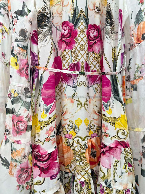 Designer Dress Women New V Neck Crystal Beaded Flower Print Flare Sleeve Loose Mini Silk Dress -  - Sharon Tatem LLC.