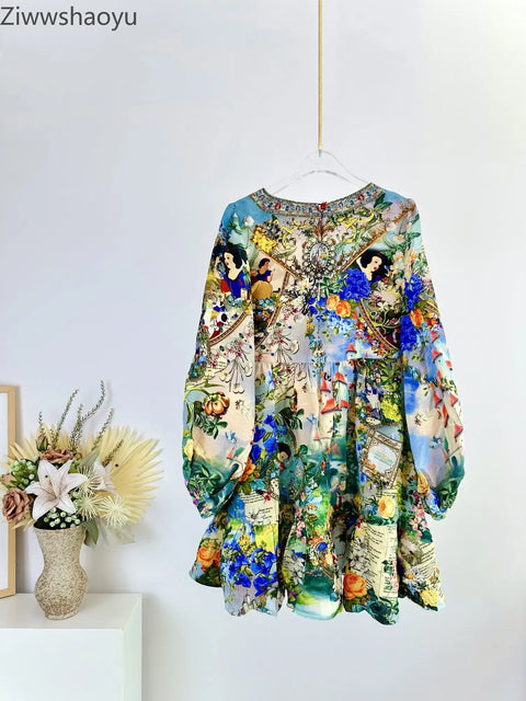 High Quality Autumn Women Fashion Runway Designer Silk Linen Beaded Cartoon Flower Printed Casual Full Sleeve A-line Mini Dress - Dresses - Sharon Tatem LLC.