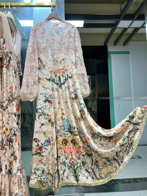 Women V Neck Lace Embroidery Patchwork Silk Floral Print Lantern Sleeve A-line Maxi Long Dress -  - Sharon Tatem LLC.