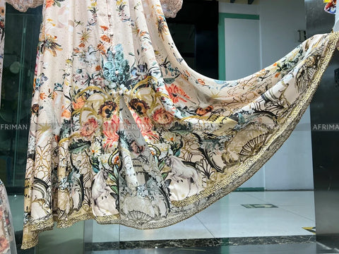 Women V Neck Lace Embroidery Patchwork Silk Floral Print Lantern Sleeve A-line Maxi Long Dress -  - Sharon Tatem LLC.