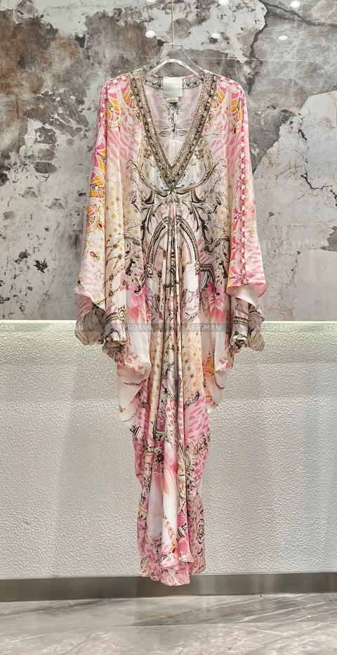 Exquisite designer dress Women New V Neck Crystal Beaded Flare Sleeve Pink Flower Print High Waist Silk Loose Long Dress - Dresses - Sharon Tatem LLC.