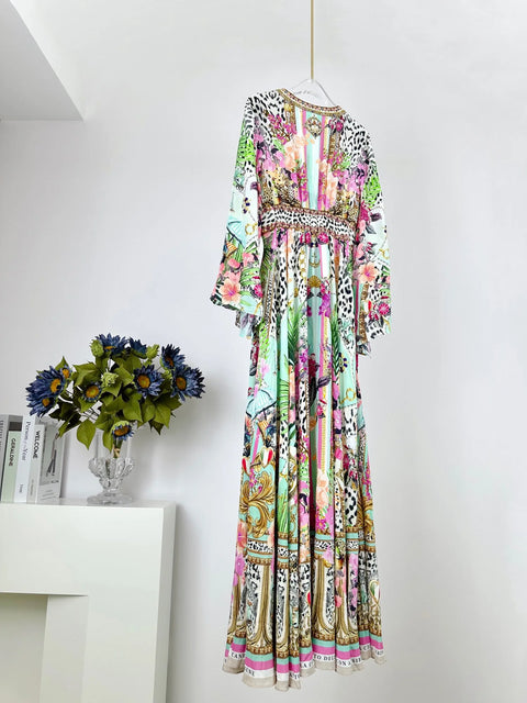 Designer Dress 2024 Resort wear Spring New V Neck Pink Leopard Print Heavy Beaded Women 100% Silk maxi long Dress - Dresses - Sharon Tatem LLC.