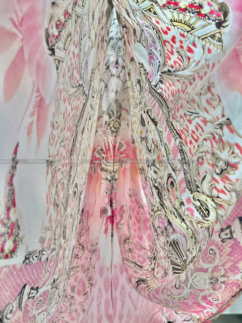 Exquisite designer dress Women New V Neck Crystal Beaded Flare Sleeve Pink Flower Print High Waist Silk Loose Long Dress - Dresses - Sharon Tatem LLC.