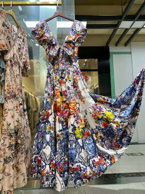 Women V Neck Crystal Beaded Flying Sleeve Retro Flower Print Elastic Waist Big Swing Midi Dress -  - Sharon Tatem LLC.