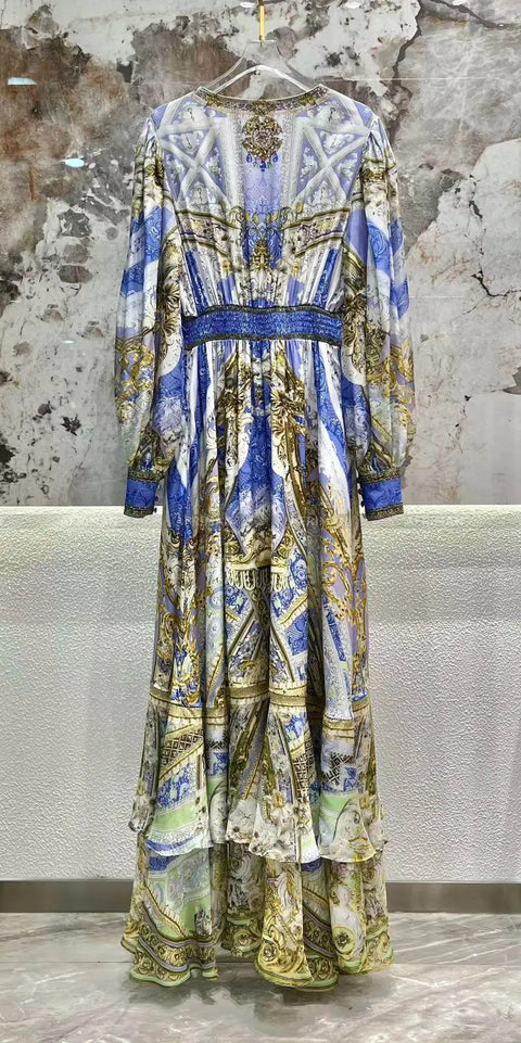 Designer Dress New Bohemian Style V Neck Purple Flower Print Long Sleeve Waist Multi-layer Silk Long Dress - Dresses - Sharon Tatem LLC.