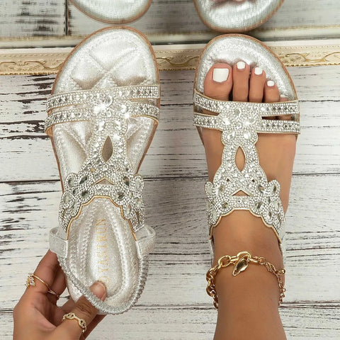 Rhinestones Sandals For Women With Elastic Ankle Strap Bohemian Beach Shoes Fashion Crystal Floral Casual Open Toe Shoes - Shoes - Sharon Tatem LLC.