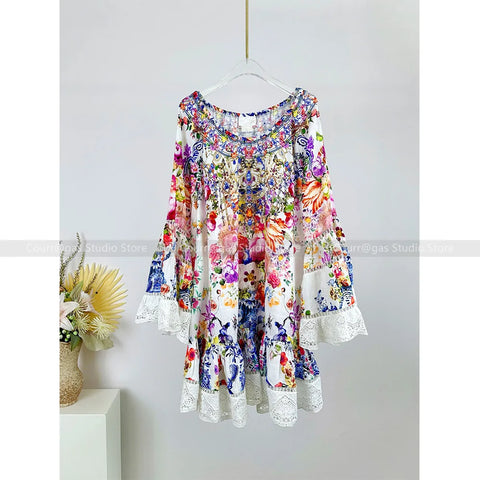 Australian niche noblewoman crushed floral one neck strapless lace lace long sleeve vacation dress short skirt - Dresses - Sharon Tatem LLC.
