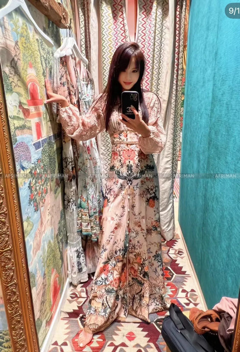 Women V Neck Lace Embroidery Patchwork Silk Floral Print Lantern Sleeve A-line Maxi Long Dress -  - Sharon Tatem LLC.