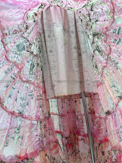 Designer Jeweled Silk Dress Silk Women V Neck Crystal Beaded Pink Flower Print Elastic Waist Multi-layer Mini Silk Dress Women New V Neck Crystal Beaded Retro Print Long Sleeve Loose Silk Blouse+ Elastic High Waist Maxi Long Silk Skirt Set - Dresses - Sharon Tatem LLC.