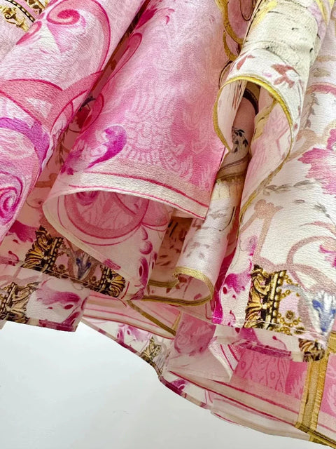 Designer Dress Women Bohemian Style V Neck Batwing Sleeve Pink Print High Waist 100% Silk Midi Dress - Dresses - Sharon Tatem LLC.