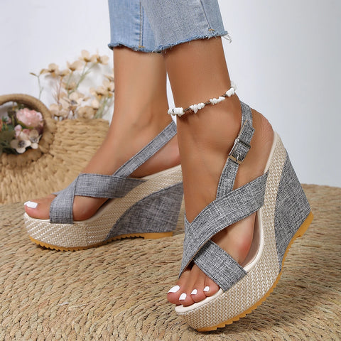 2024 New Summer New Style One-line Strap Cloth Thick-soled Buckle Sandals Large Size Thick-soled Wedge Sandals for Women - Sandals - Sharon Tatem LLC.