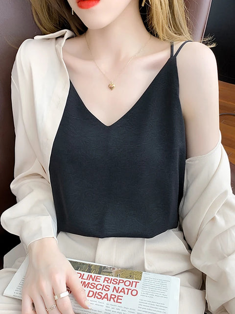 White Black Camisole Sexy V Neck Halter Strap Women Camis Silk Cross Backless Top Solid Crop Satin Tank Tops Female Underwear Vest Camisole - Camisole - Sharon Tatem LLC.