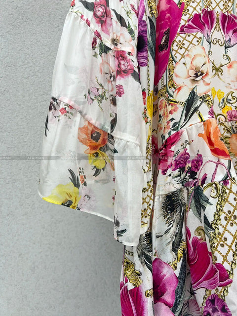 Designer Dress Women New V Neck Crystal Beaded Flower Print Flare Sleeve Loose Mini Silk Dress -  - Sharon Tatem LLC.
