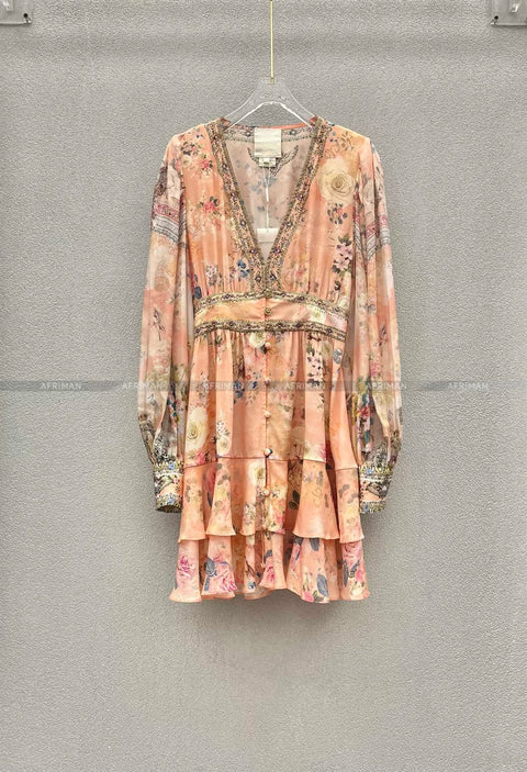 High End Designer Jeweled Silk Dress Silk Women V Neck Crystal Beaded Pink Flower Print Elastic Waist Multi-layer Mini Silk Dress - Dresses - Sharon Tatem LLC.