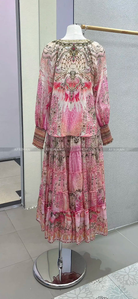 Designer Jeweled Silk Dress Silk Women V Neck Crystal Beaded Pink Flower Print Elastic Waist Multi-layer Mini Silk Dress Women New V Neck Crystal Beaded Retro Print Long Sleeve Loose Silk Blouse+ Elastic High Waist Maxi Long Silk Skirt Set - Dresses - Sharon Tatem LLC.