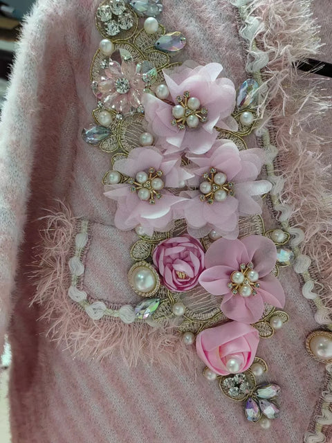 Real Photo Luxury Style Beaded Flower Stitch Knitwear Cardigan Coat For Women V-neck Autumn Winter Pink Sweater Outwear Jacket - Fur Jacket, Business Fancy - Sharon Tatem LLC.