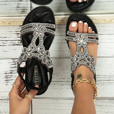 Rhinestones Sandals For Women With Elastic Ankle Strap Bohemian Beach Shoes Fashion Crystal Floral Casual Open Toe Shoes - Shoes - Sharon Tatem LLC.