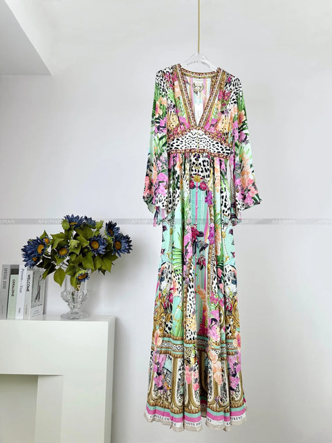 Designer Dress 2024 Resort wear Spring New V Neck Pink Leopard Print Heavy Beaded Women 100% Silk maxi long Dress - Dresses - Sharon Tatem LLC.
