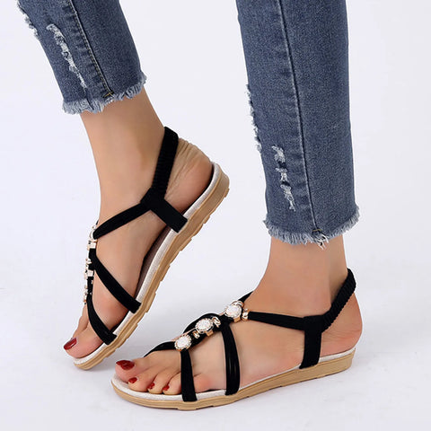 Women's sandals Ladies Fashion Suede Rhinestone Elastic Band Open Toe Flat Roman Sandals elegant sandals woman - Shoes Sandals - Sharon Tatem LLC.