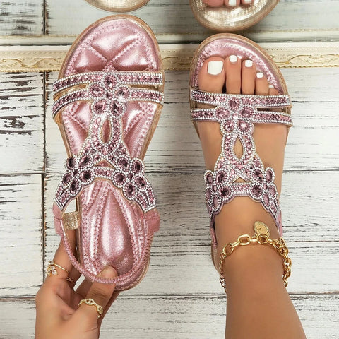 Rhinestones Sandals For Women With Elastic Ankle Strap Bohemian Beach Shoes Fashion Crystal Floral Casual Open Toe Shoes - Shoes - Sharon Tatem LLC.
