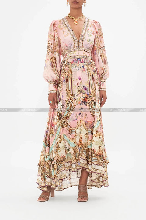 Women Bohemian Style V Neck Heavy Nail Beaded Retro Pink Flower Print Multi-layer Ruffles Edge Maxi Silk Dress -  - Sharon Tatem LLC.