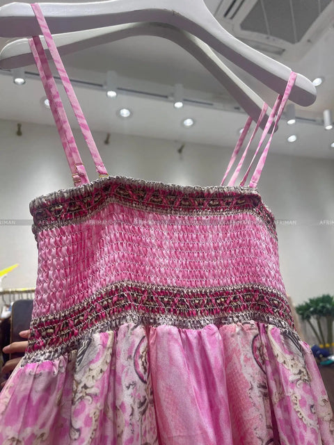 Designer Jeweled Silk Dress Silk Women V Neck Crystal Beaded Pink Flower Print Elastic Waist Multi-layer Mini Silk Dress Women New V Neck Crystal Beaded Retro Print Long Sleeve Loose Silk Blouse+ Elastic High Waist Maxi Long Silk Skirt Set - Dresses - Sharon Tatem LLC.