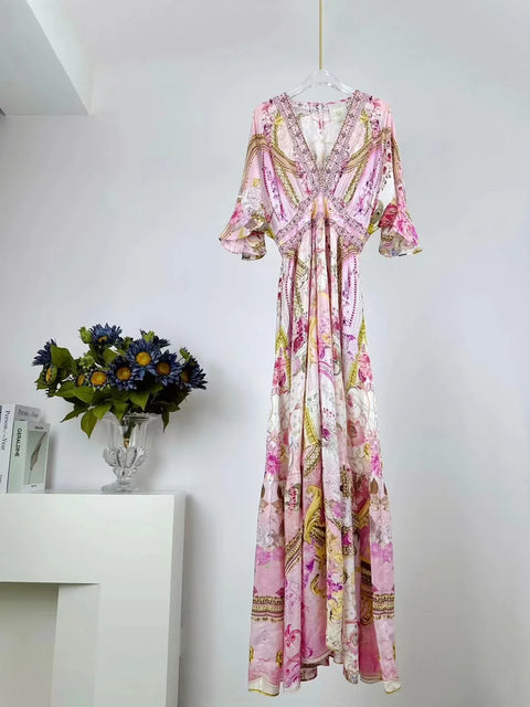 Designer Dress Women Bohemian Style V Neck Batwing Sleeve Pink Print High Waist 100% Silk Midi Dress - Dresses - Sharon Tatem LLC.