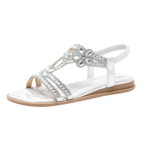 Rhinestones Sandals For Women With Elastic Ankle Strap Bohemian Beach Shoes Fashion Crystal Floral Casual Open Toe Shoes - Shoes - Sharon Tatem LLC.