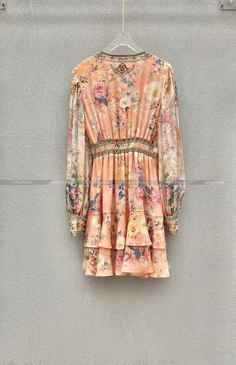 High End Designer Jeweled Silk Dress Silk Women V Neck Crystal Beaded Pink Flower Print Elastic Waist Multi-layer Mini Silk Dress - Dresses - Sharon Tatem LLC.