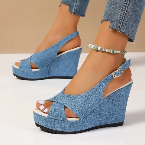 DOGHC 2024 NEW Size 35-43 Shoes for Women Ankle Buckle Wedges Sandals for Women Summer Denim Sandal Comfortable Thick Sole - Sandals - Sharon Tatem LLC.