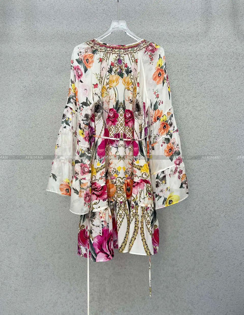 Designer Dress Women New V Neck Crystal Beaded Flower Print Flare Sleeve Loose Mini Silk Dress -  - Sharon Tatem LLC.