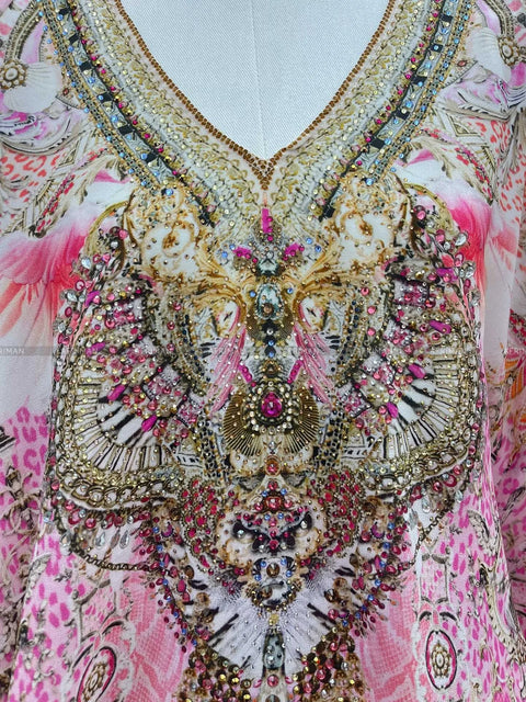 Designer Jeweled Silk Dress Silk Women V Neck Crystal Beaded Pink Flower Print Elastic Waist Multi-layer Mini Silk Dress Women New V Neck Crystal Beaded Retro Print Long Sleeve Loose Silk Blouse+ Elastic High Waist Maxi Long Silk Skirt Set - Dresses - Sharon Tatem LLC.