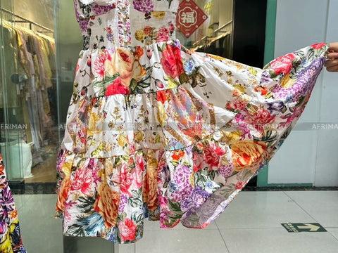 2024 New V Neck Heavy Beaded Flying Sleeve Flower Print Elastic Waist Backless Bow Decoration Big Swing Short Dress - Dresses - Sharon Tatem LLC.