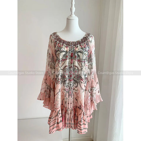 Jeweled Designer Dress Crystals Australian niche off the shoulder pink silk rhinestone flared sleeve loose resort style seaside short dress women - Dresses - Sharon Tatem LLC.