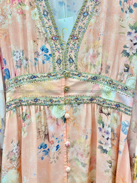 High End Designer Jeweled Silk Dress Silk Women V Neck Crystal Beaded Pink Flower Print Elastic Waist Multi-layer Mini Silk Dress - Dresses - Sharon Tatem LLC.