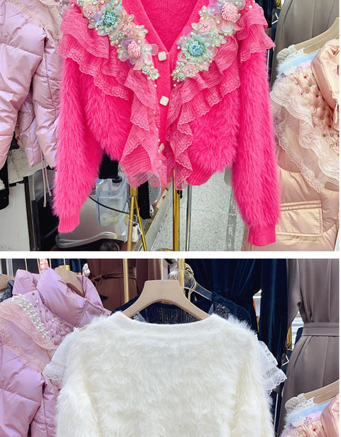 Sweater Top Pink White Autumn Winter Diamonds Beaded Lace Ruffles Mohair Sweater Flowers Embroidery Mink Cashmere Fur Knitted Cardigan V-neck Jacket - Sweater Top Pink White Autumn Winter Diamonds Beaded Lace Ruffles Mohair Sweater Flowers Embroidery Mink Cashmere Fur Knitted Cardigan V-neck Jacket - Sharon Tatem LLC.