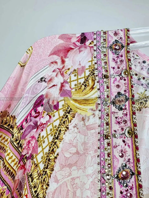 Designer Dress Women Bohemian Style V Neck Batwing Sleeve Pink Print High Waist 100% Silk Midi Dress - Dresses - Sharon Tatem LLC.