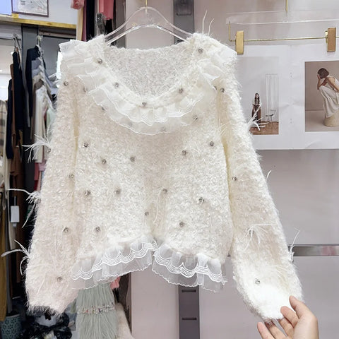 Gorgeous Sweater Sweet Heavy Industry Diamond Inlaid Three-Dimensional Petal Flower Feather Knitted Pullovers French Soft Gentle Sweater - sweater - Sharon Tatem LLC.